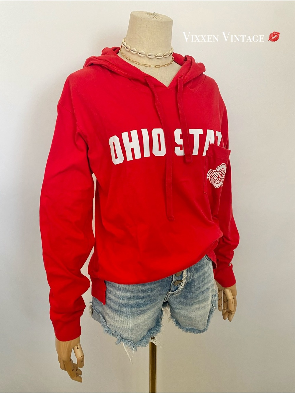 PINK VS 2016 OHIO STATE HOODED OVERSIZED LONG SLEEVE TEE IN RED